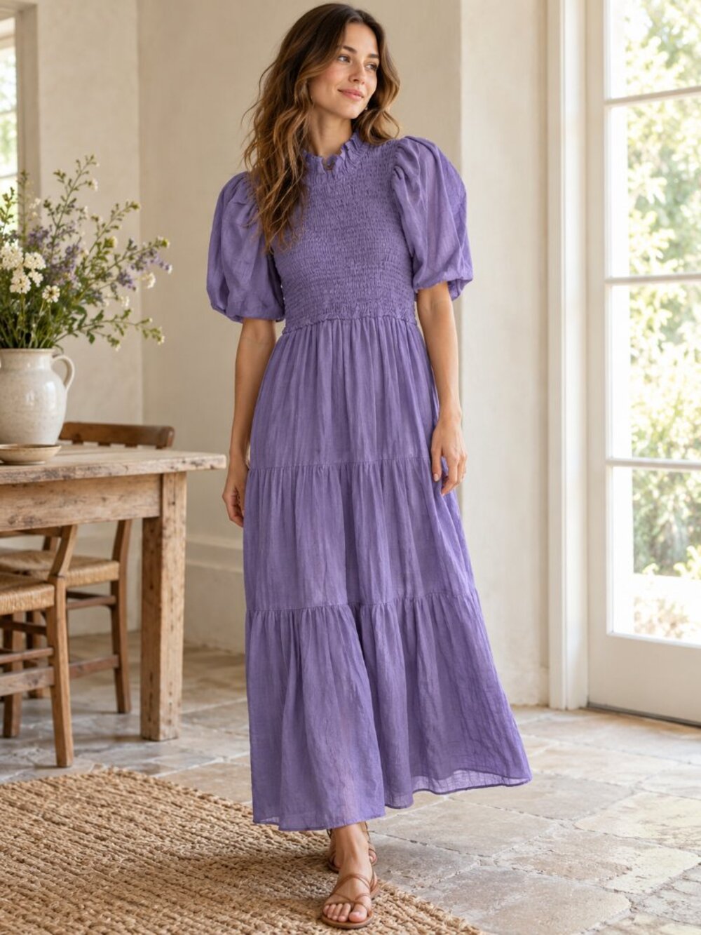 Sea New York Maxi Dress Smocked Tiered Puff Balloon 2 Linen Cottage Purple